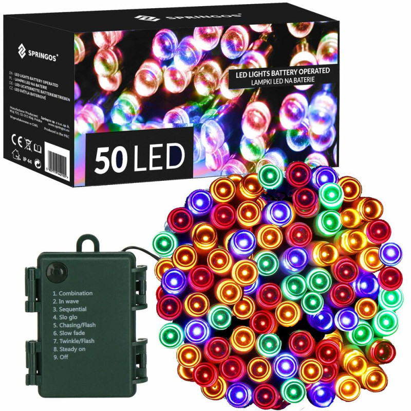 LED svetelná reťaz - 5m, 50LED, 8 funkcií, 3xAA, IP44, multicolor