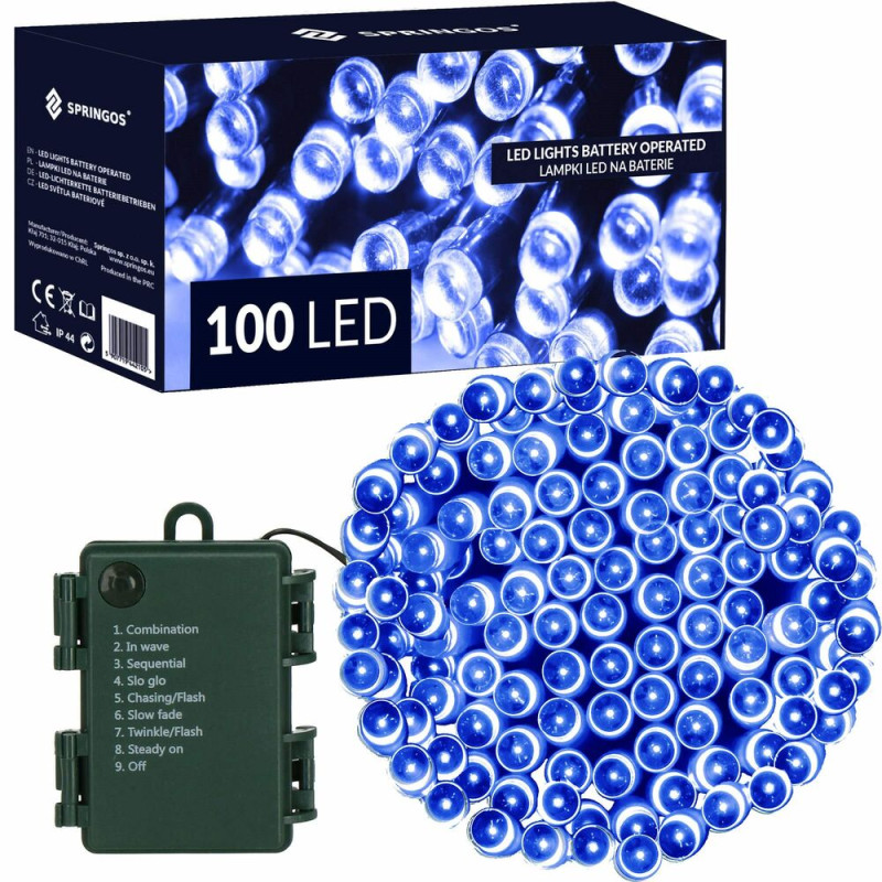 LED svetelná reťaz - 10m, 100LED, 8 funkcií, 3xAA, IP44, modrá