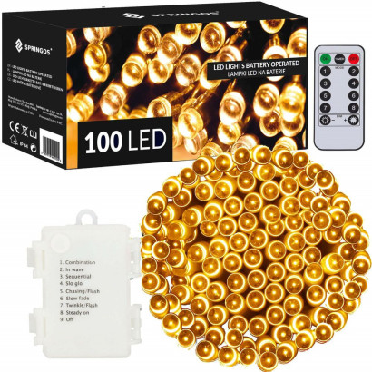 LED svetelná reťaz - 10m, 100LED, 8 funkcií, ovládač, 3xAA, IP44, teplá biela