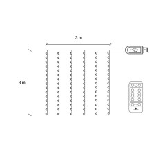 LED Nano svetelný záves - 3x3m, 300LED, 8 funkcií, ovládač, USB, IP44, teplá biela