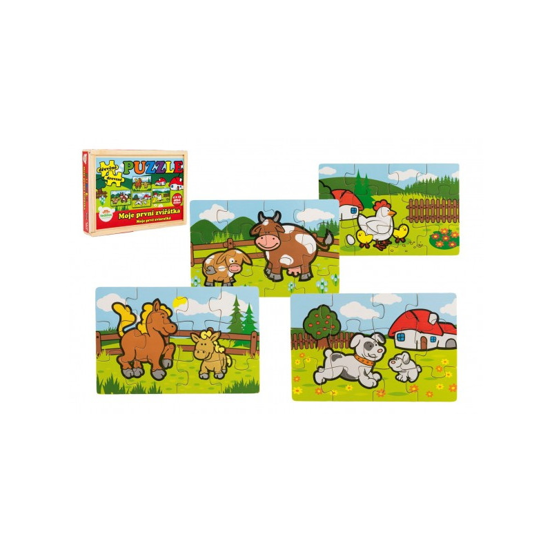 Puzzle drevené Moje prvé zvieratká 4x12 dielikov 20x14x3,5cm v drevenej krabičke od 24 mesiacov MPZ