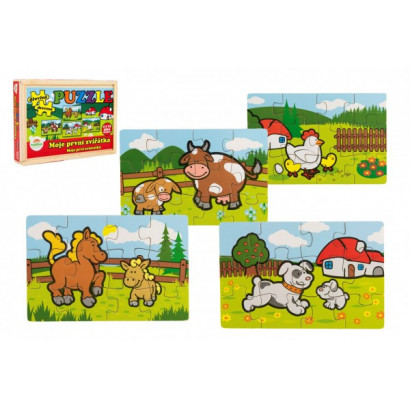 Puzzle drevené Moje prvé zvieratká 4x12 dielikov 20x14x3,5cm v drevenej krabičke od 24 mesiacov MPZ