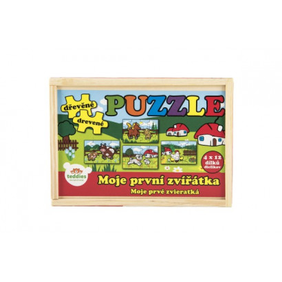 Puzzle drevené Moje prvé zvieratká 4x12 dielikov 20x14x3,5cm v drevenej krabičke od 24 mesiacov MPZ