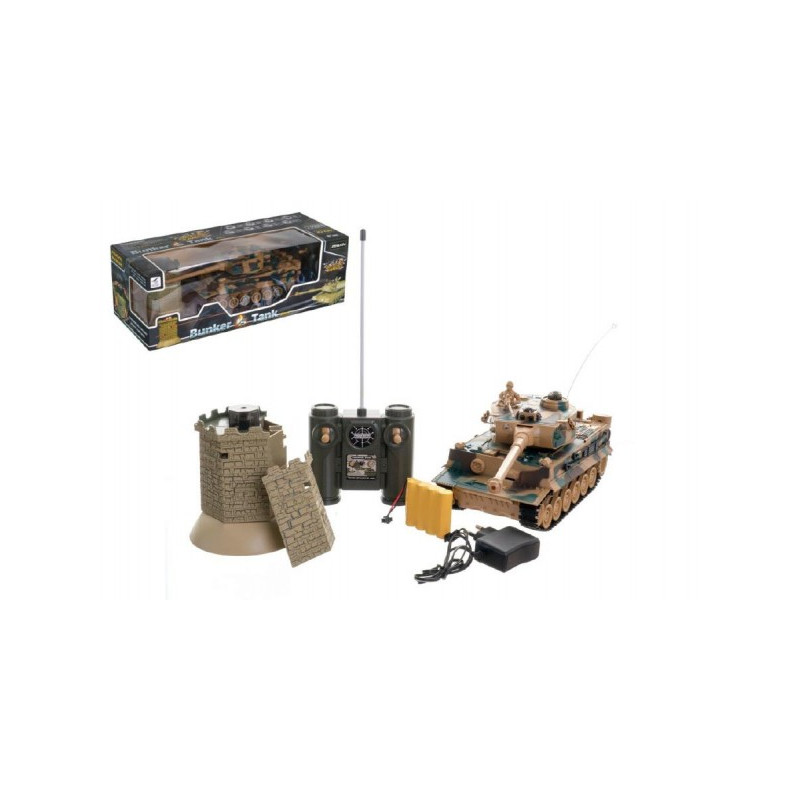 Tank RC 35cm+bunker na bat. plast s dobíjacím packom so zvukom sa svetlom 40MHz v krabici 51x17x19cm