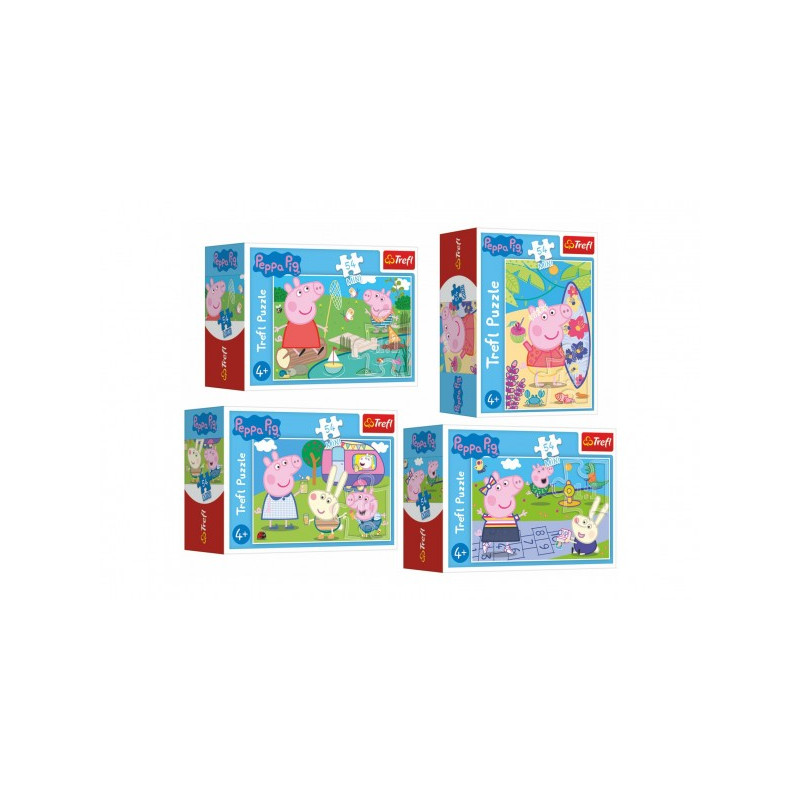 Minipuzzle 54 dielikov Šťastný deň Prasiatka Peppy / Peppa Pig 4 druhy v krabičke 9x6,5x3,5cm 40ks v