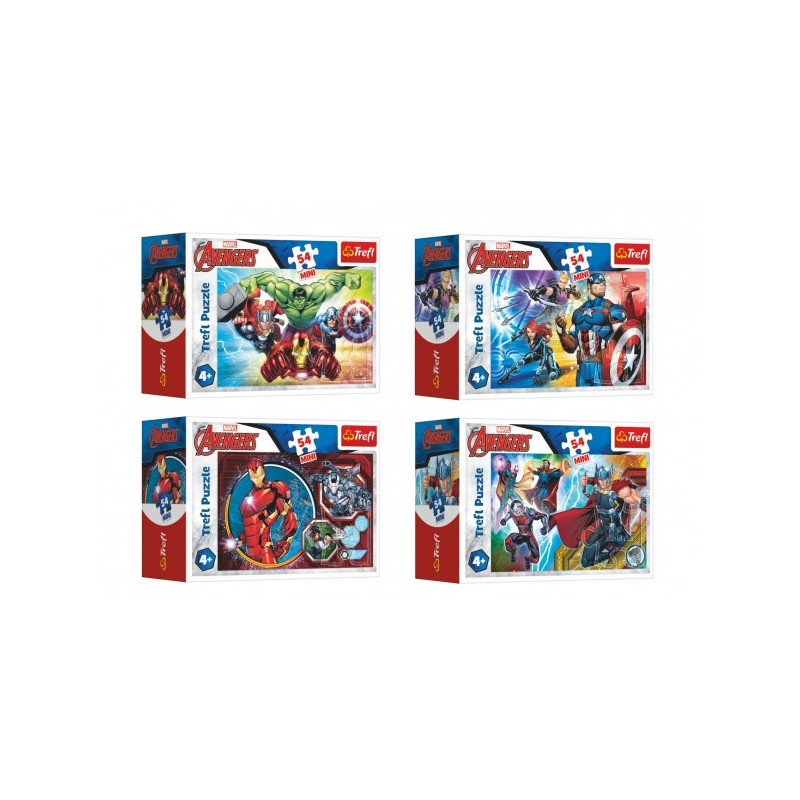 Minipuzzle 54 dielikov Avengers / Hrdinovia 4 druhy v krabičke 9x6,5x4cm 40ks v boxe