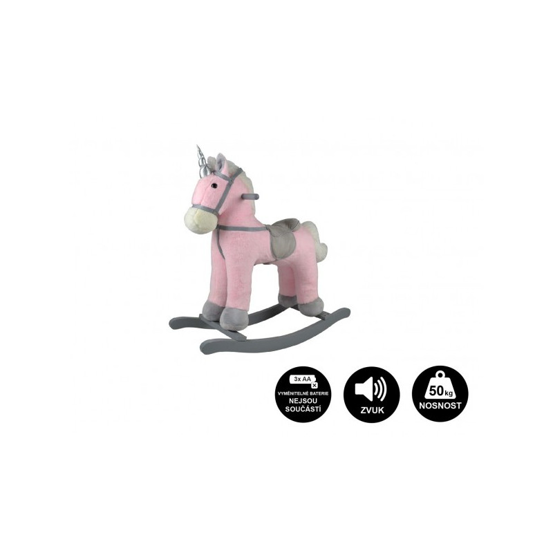 Kôň hojdacia ružový jednorožec plyš na bat. 71cm so zvukom a pohybom nosnosť 50kg v krab. 62x56x19cm