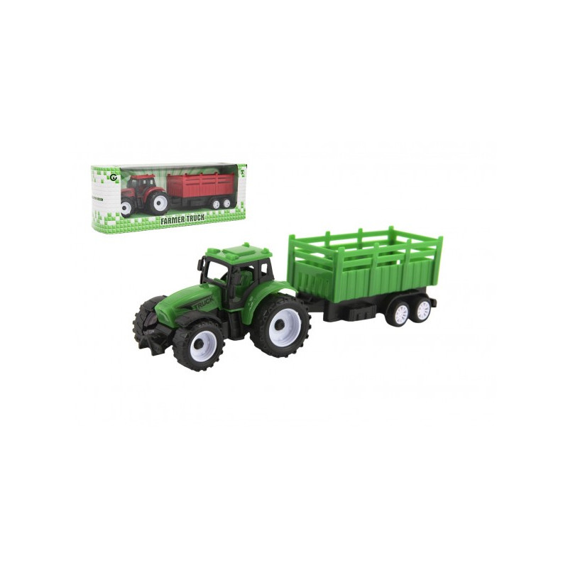 Traktor s vlekom plast 21cm na voľný chod 2 farby v krabičke 23x9x6cm