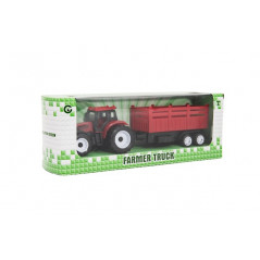 Traktor s vlekom plast 21cm na voľný chod 2 farby v krabičke 23x9x6cm