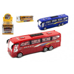 Autobus plast 25cm na zotrvačník 3 farby v krabici 26x8,5x7cm 12ks v boxe