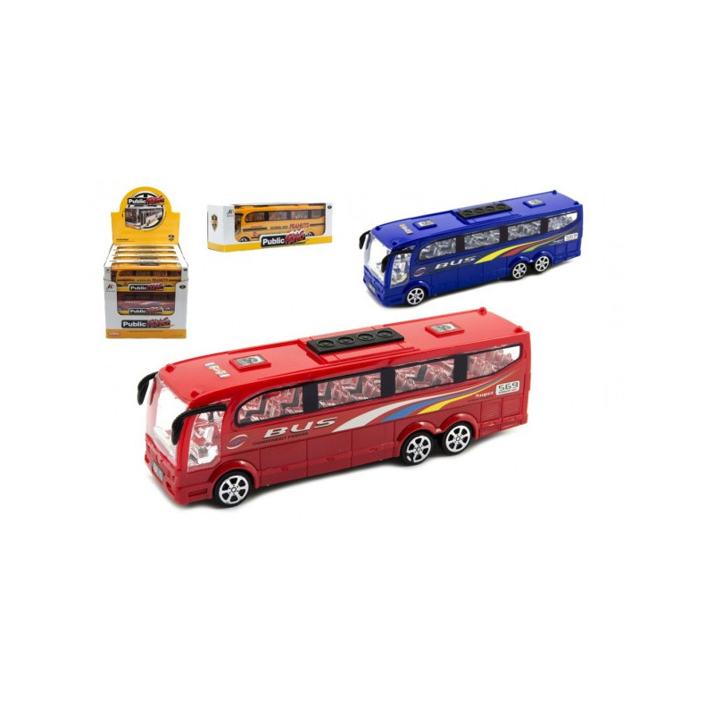 Autobus plast 25cm na zotrvačník 3 farby v krabici 26x8,5x7cm 12ks v boxe