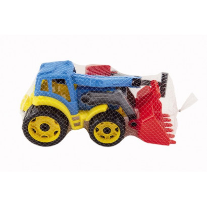 Traktor / nakladač / bager sa 2 lyžicami plast na voľný chod 2 farby v sieťke 16x35x16cm