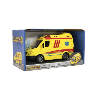 Auto ambulancie plast 20cm na zotrvačník na batérie so zvukom sa svetlom v krabici 26x15x12cm