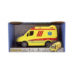 Auto ambulancie plast 20cm na zotrvačník na batérie so zvukom sa svetlom v krabici 26x15x12cm