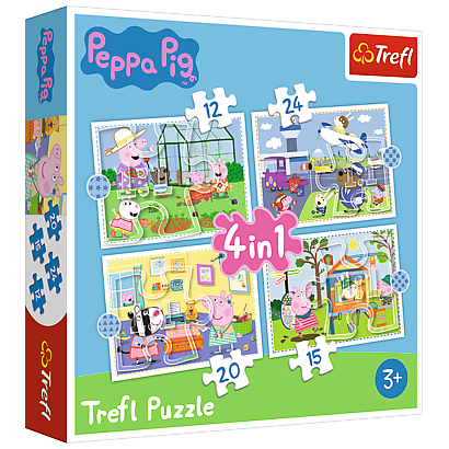 Puzzle 4v1 Peppa Pig / prasiatka Pepa Spomienka na prázdniny v krabici 28x28x6cm