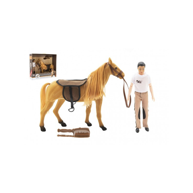 Kôň flíska česacia + panáčik 30cm plast s doplnkami v krabici 45x39x12cm