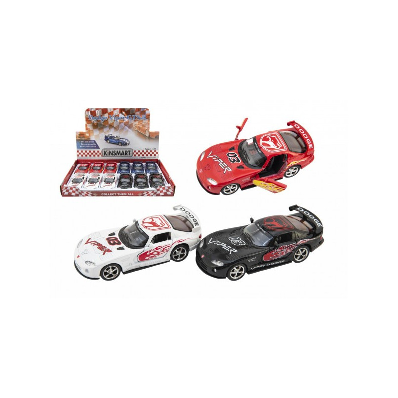 Auto Kinsmart Dodge Viper GTS-R 1:36 12,5cm kov / plast 4 farby na spätné natiahnutie 12ks v boxe