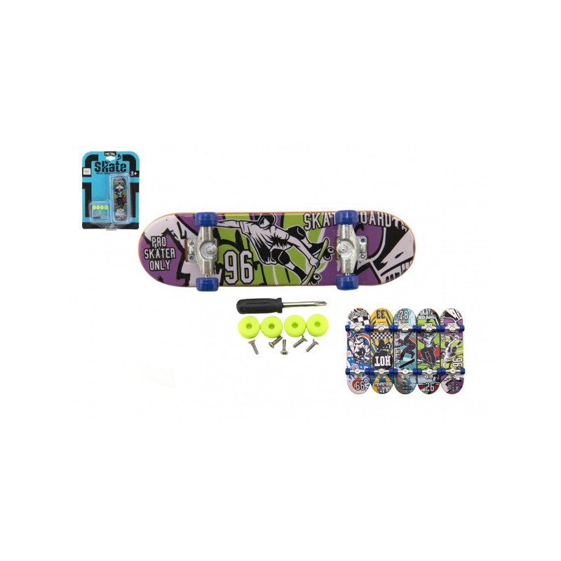 Skateboard prstový skrutkovacie plast 9cm s doplnkami mix farieb na karte 12,5x17x3cm