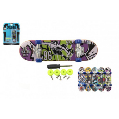 Skateboard prstový skrutkovacie plast 9cm s doplnkami mix farieb na karte 12,5x17x3cm