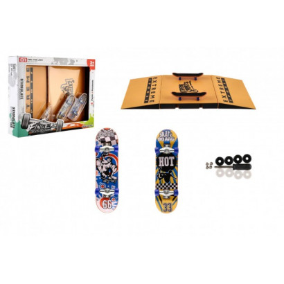 Skateboard prstový skrutkovací 2ks plast 10cm s rampou s doplnkami v krabičke 30x24x6cm