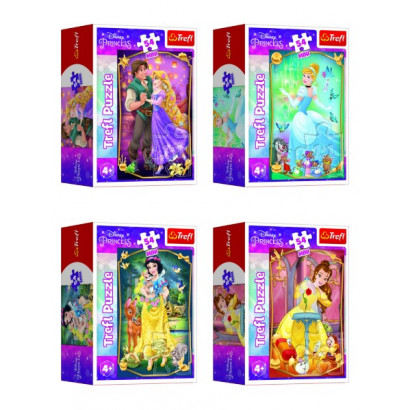 Minipuzzle Krásne princezné/Disney Princess 54dielikov 4 druhy v krabičke 6x9x4cm 40ks v boxe