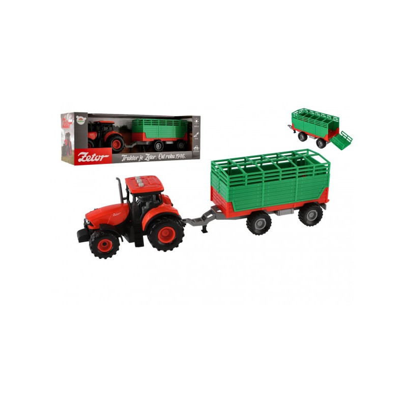 Traktor Zetor s vlekom plast 36cm na zotrvačník na bat. so svetlom so zvukom v krabici 39x13x13cm