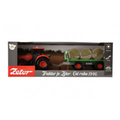 Traktor Zetor s vlekom a balíkmi plast 36cm na zotrvačník na bat. so svetlom so zvukom v krab. 39x13