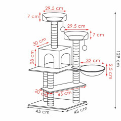 Škrabadlo pre mačky - Domček s posteľou 5 poschodí 129 cm SPRINGOS PA1043