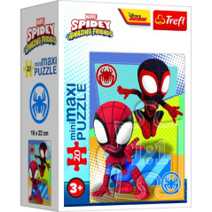 Minipuzzle miniMAXI 20 dielikov Spidey a jeho úžasní priatelia 4 druhy v krabičke 11x8x4cm 24ks box