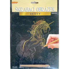 Škrabací obrázok zlatý Jednorožec A4 20,3x25,4cm 3 druhy na karte