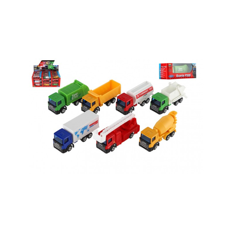 Auto nákladné Welly Scania kov/plast 7,5cm 6 druhov v krabičke 10,5x4x4cm 36ks v boxe