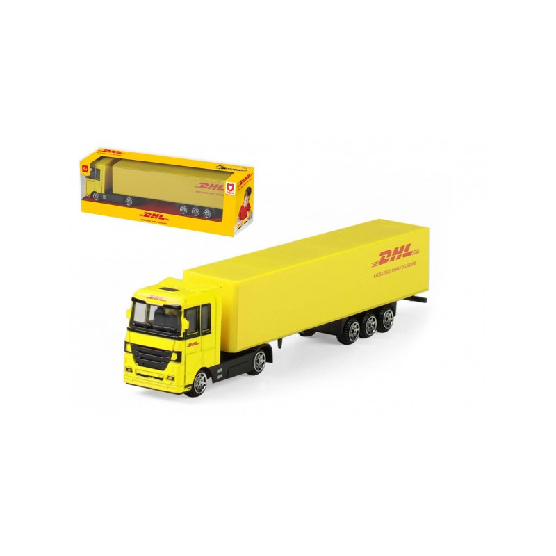 Auto kamión s návesom DHL plast 19cm na voľný chod v krabičke 20x6x4cm