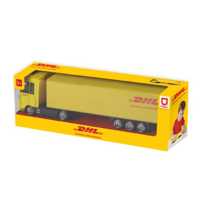 Auto kamión s návesom DHL plast 19cm na voľný chod v krabičke 20x6x4cm