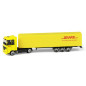 Auto kamión s návesom DHL plast 19cm na voľný chod v krabičke 20x6x4cm