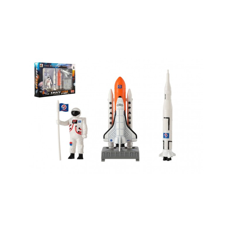 Sada vesmír 6ks kov/plast astronaut, raketoplán s doplnkami v krabičce 25x17x4,5cm