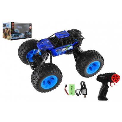 Auto RC Off-Road terénny 2,4 GHz plast 32cm dobíjací pack + batéria modrej v krabici 38x23x26cm