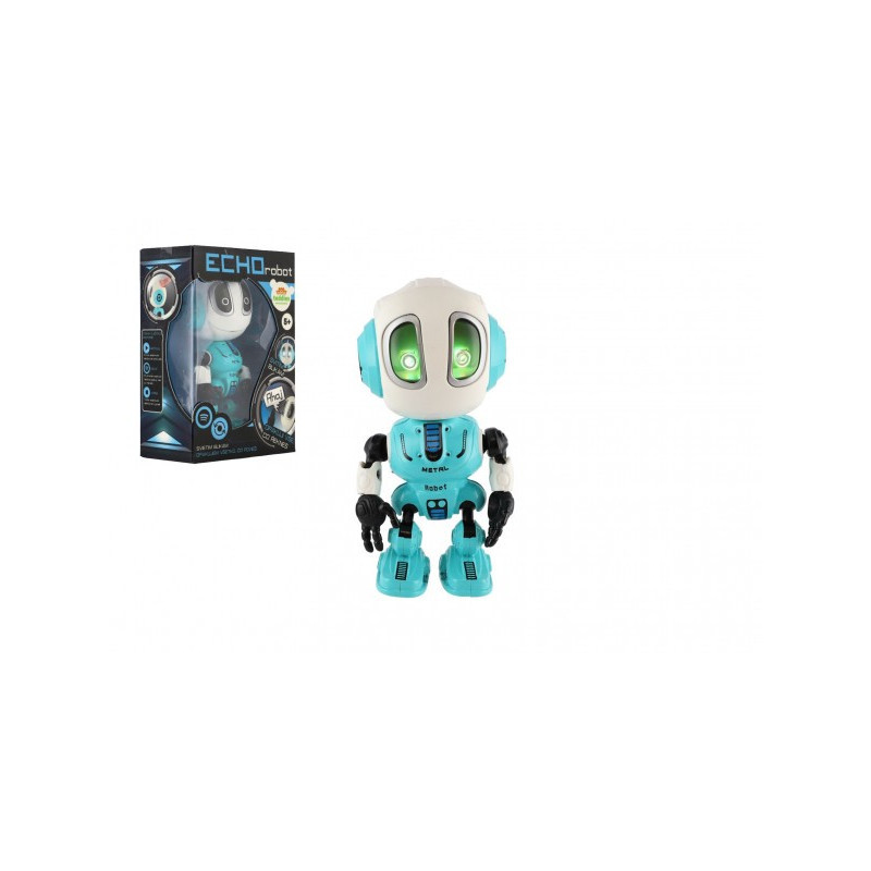 Robot ECHO opakujúce vety kovový 12cm modrý na batérie so zvukom so svetlom v krabičke 10,5x15x5,5cm