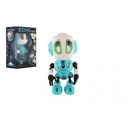 Robot ECHO opakujúce vety kovový 12cm modrý na batérie so zvukom so svetlom v krabičke 10,5x15x5,5cm