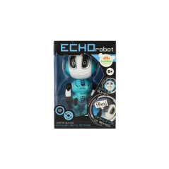 Robot ECHO opakujúce vety kovový 12cm modrý na batérie so zvukom so svetlom v krabičke 10,5x15x5,5cm