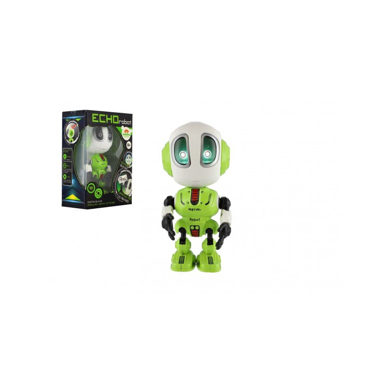 Robot ECHO opakujúce vety kovový 12cm zelený na batérie so zvukom, svetlom v krabičke 10,5x15x5,5cm