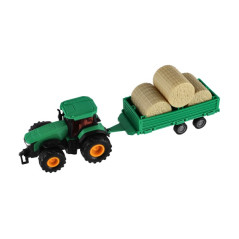 Traktor s vlekom s balíkama plast 30cm na zotrvačník 3 farby v krabici 33x12x9cm