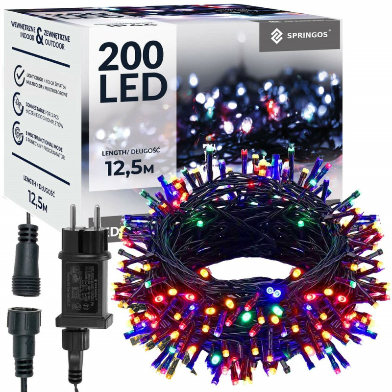 LED svetelná reťaz - 12,5m, 200LED, 8 funkcií, pamäť, IP44, multicolor