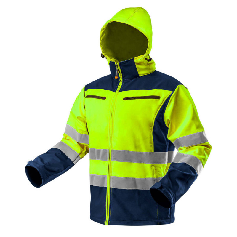 Pracovná bunda výstražná, softshell s kapucňou, žltá, veľkosť XL