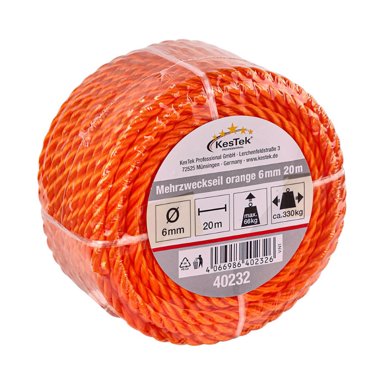 Viacúčelové lano 20 m / 6 mm, oranžové