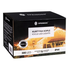 SPRINGOS LED kvaple 14,5 m, 300 LED, IP44, 8 svetelných módov s ovládačom, teplá biela