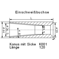 Kónická rúra na zvarenie s poistkou proti otočeniu 120x44 mm, priemer 36/24 mm