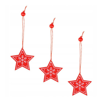 Vianočná ozdoba drevená Hviezda s vločkou červená 4,5 cm, 3 ks