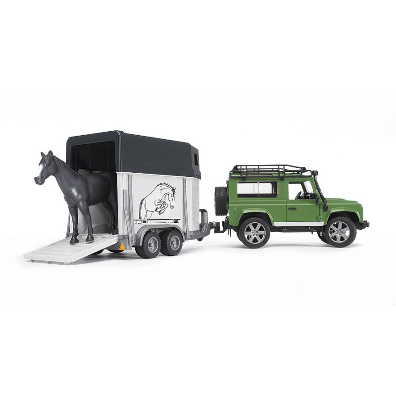 Terénne auto Land Rover Defender Station Wagon s prívesom na prepravu koní a koníkom 1:16 02592