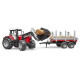 Traktor Massey Ferguson s predným nakladačom, prívesom na prevoz dreva a 3 kmeňmi stromov 1:16 02046