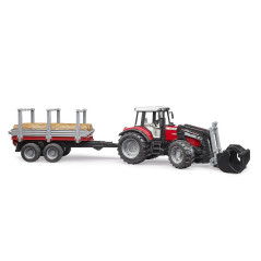 BRUDER 02046 Traktor Massey Ferguson s predným nakladačom, prívesom naprevoz dreva a 3 kmeňmi stromov 1:16